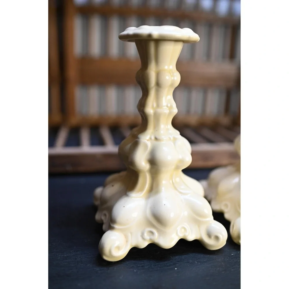 Vintage Ivory Ceramic Candle Stick Holders Holland Mold Style Set of 2 Ivory 7in